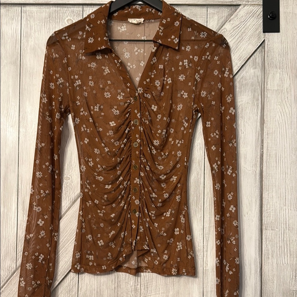 Hem & Thread Brown Ruched Notched Collar Blouse